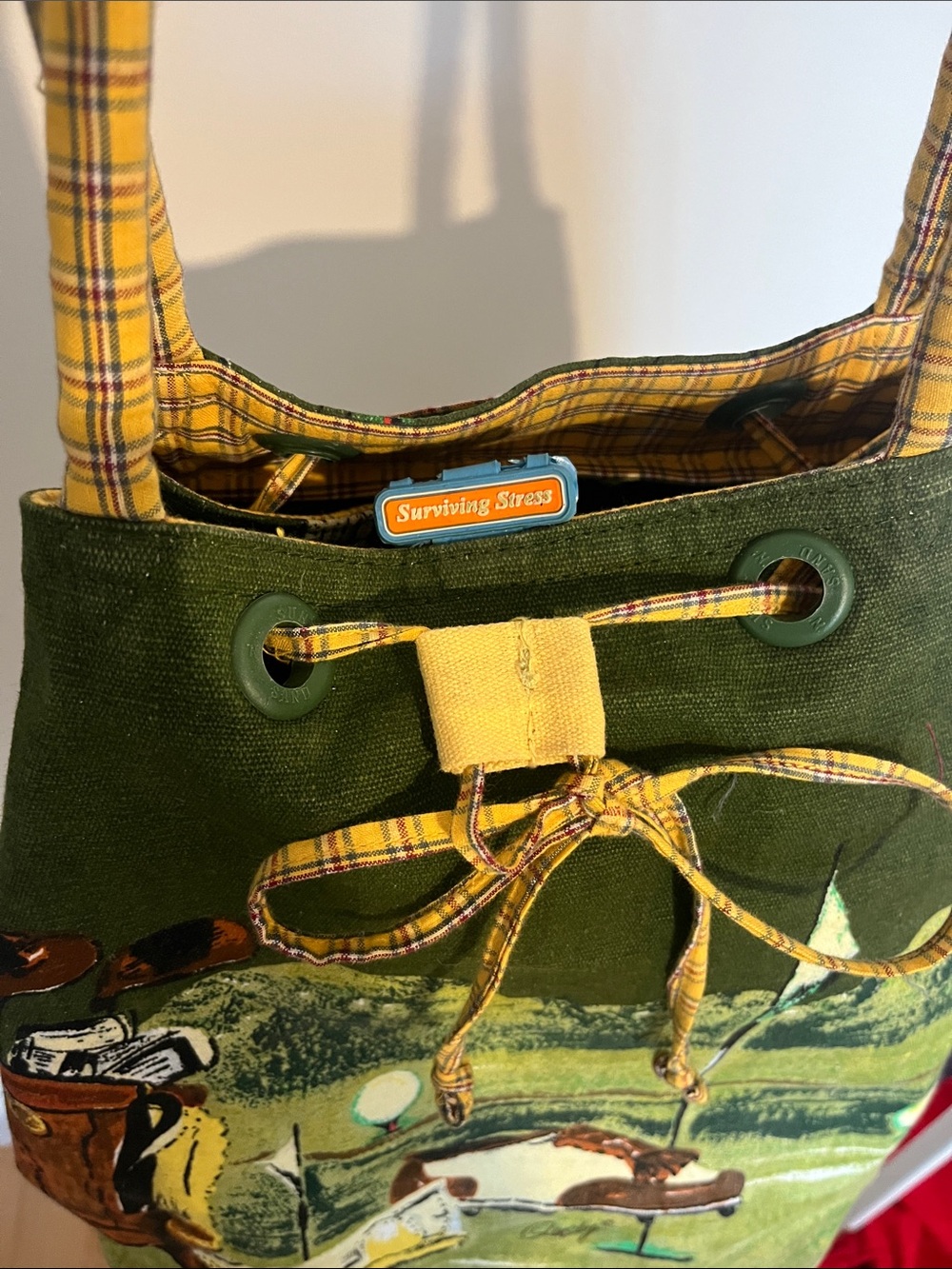 Vintage Green Golf Print Drawstring Tote Bag - Picture 2 of 9